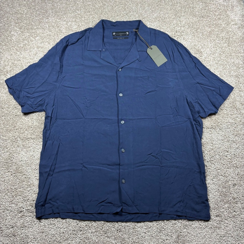 AllSaints Kaza SS Shirt XXL Ink Blue Relaxed Fit Camp Collar Viscose New Mens‎